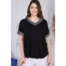 Gül Moda Kadın Siyah Büyük Beden Kısa Kollu Simli Bluz G058-1 2257G058