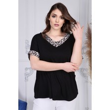 Gül Moda Kadın Siyah Leopar Büyük Beden Kısa Kollu Bluz G058-2 2257G058
