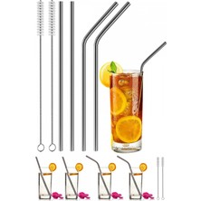 Kabak Home 4 Adet Metal Pipet Seti Paslanmaz Çelik Düz Eğik Pipet ve Pipet Temizleme Fırçası