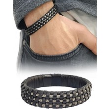 Hg.Aksesuar Erkek Burma Desenli Çelik Halat ve Deri Bileklik