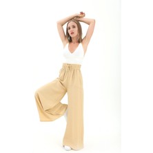 Vpr Moda Geniş Kemerli Bol Paça Düz Keten Kadın Pantolon - Krem