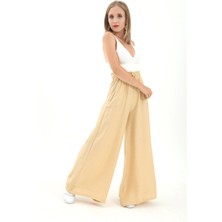 Vpr Moda Geniş Kemerli Bol Paça Düz Keten Kadın Pantolon - Krem