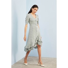 Gils Butik Kemerli Çiçekli Yeşil Elbise