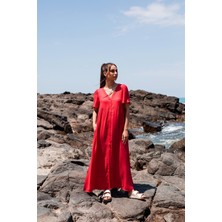 Gils Butik Yırtmaçlı Düğmeli Kırmızı Elbise