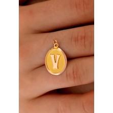 Sefa Gold 14 Ayar Altın V Harfi Nostalji Oval Kolye Ucu