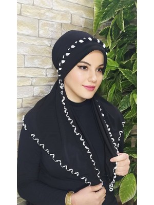 Moda Çizgi Fırfırlı Hazır Şal-Siyah