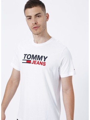 Tommy Jeans Bisiklet Yaka Baskılı Beyaz Erkek T-Shirt DM0DM15379-YBR_TJM Corp Logo Tee