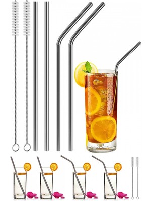 Kabak Home 4 Adet Metal Pipet Seti Paslanmaz Çelik Düz Eğik Pipet ve Pipet Temizleme Fırçası