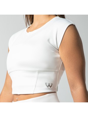 Wiawi Kadın Spor Fit Rahat Tişört Esnek Crop Top - Unique Beyaz