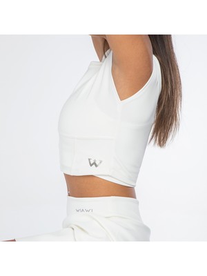 Wiawi Kadın Spor Fit Rahat Tişört Esnek Crop Top - Unique Beyaz