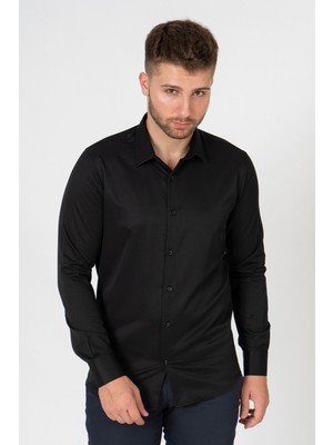 White Stone Verona G186 Pamuklu Regular Fit Düz Gömlek Siyah