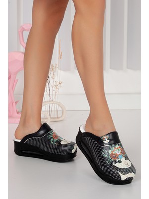 20tasarımterlik Çiçekli Kedi Siyah Renk Ortopedik Airmax Sabo Terlik Hemşire Terliği Hastane Terliği Ortopedik Terlik Rahat Medikal Terlik