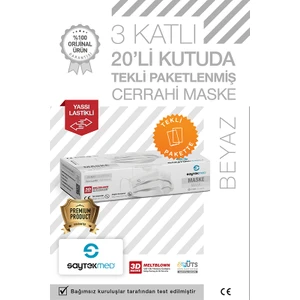 Saytekmed Tek Tek Steril Paketli, Meltblown Filtreli, 3 Katlı Beyaz Maske (1 Kutu/20 Adet)