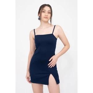 Kadın Lacivert Askılı Yırtmaçlı Mini Elbise