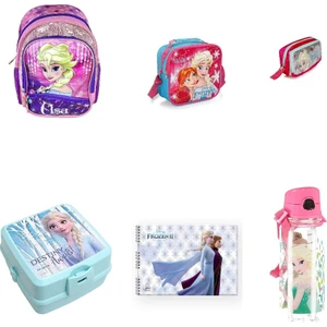 GENC DIJITAL BASKI Disney Frozen Elsa Simli Üç Bölmeli Ilkokul Çantası ve 6 Parça Set
