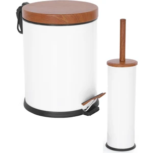 Ahşap Kapak 2 Li Çöp Kovası Banyo Seti Beyaz