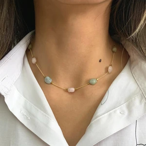 Suerte Accessories Tımbıl Pembe Kuvars Ve Akuamarin Doğal Taşlı Gold Altın Kaplama Zincirli El Yapımı Minimal Kolye