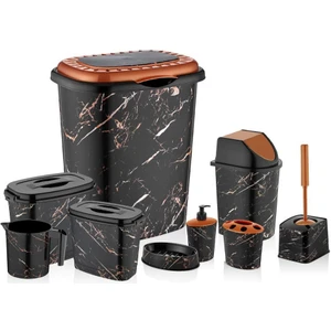 Siyah Mermer Desen 9 Parça Banyo Çamaşır Seti Kirli Sepeti+Deterjanlık Wc Fırçası Diğerleriyle Full