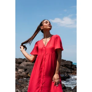 Gils Butik Yırtmaçlı Düğmeli Kırmızı Elbise