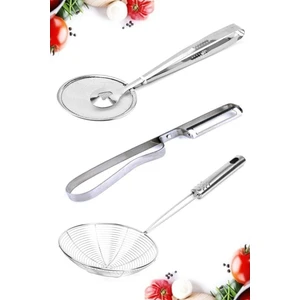 Tilbe Home Çelik Maşalı Kızartma Yağ Süzgeci Metal Yan Soyacak Patates Soyacak Servis Seti Kepçe Kevgir Süzgeç