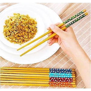 Kitchen Live 10 Çift Bambu Chopstick Ahşap Desenli Çin Çubuğu Yıkanabilir ve Kullanılabilir
