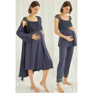 18210305 Kadın Lacivert Hamile Lohusa Seti Sabahlık Gecelik Pijama Takım