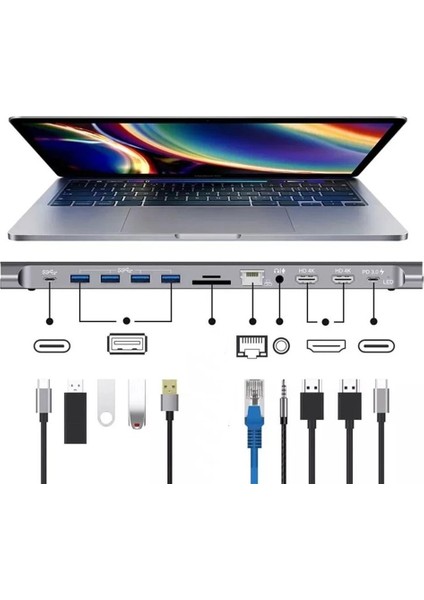 Macbook ,pc ,tablet Için !2 In 1 Multifunctional Dock Isstasyonu , HDMI x 2 Lan , Pd 3.0 USB X4