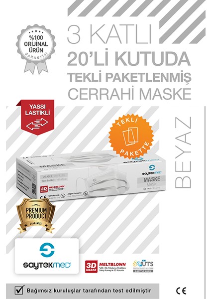 Tek Tek Steril Paketli, Meltblown Filtreli, 3 Katlı Beyaz Maske (1 Kutu/20 Adet)