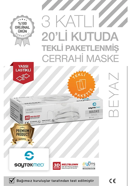 Saytekmed Tek Tek Steril Paketli, Meltblown Filtreli, 3 Katlı Beyaz Maske (1 Kutu/20 Adet)