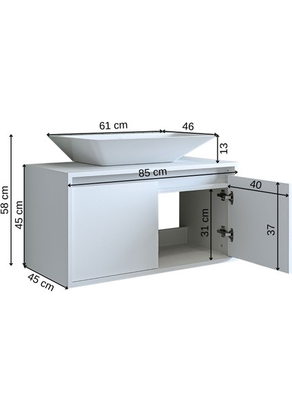 Banos Banyo Roomart Ayaksız 2 Kapaklı Lavabolu Mat Beyaz Mdf 85 Cm Banyo Dolabı