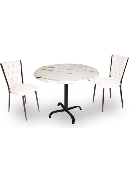 Indigo Werzalit Yuvarlak - Kapitoneli Fiskos Seti (90 cm Çap) - Bianco Carrara Beyaz