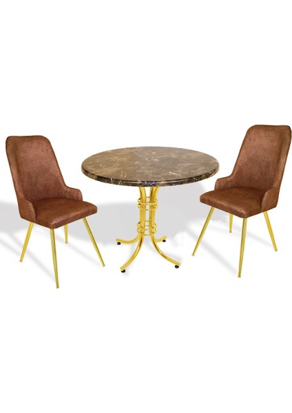 Buket Werzalit Yuvarlak-Çırağan Gold 2li Masa Takımı - Brownie Mermer