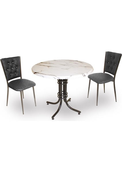 Buket Werzalit Yuvarlak Esb-Kapitoneli 2li Mutfak Masa Takımı - Bianco Cararra Siyah