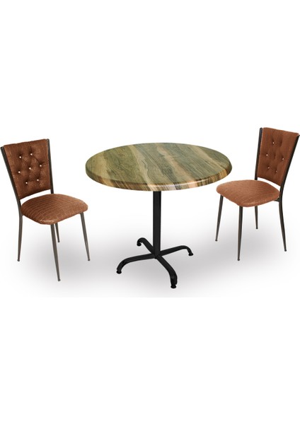 Indigo Werzalit Yuvarlak - Kapitoneli 2li Masa Takımı (70 cm Çap) - Indiana Wood Kahve