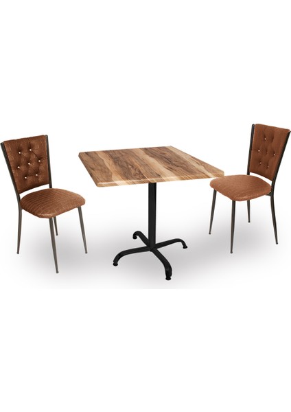 Indigo Werzalit Kare - Kapitoneli 2li Masa Takımı (80X80) - Kahve Indiana Wood