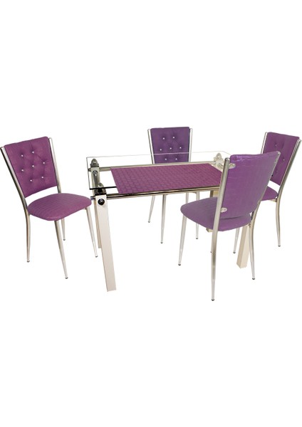 Kapitoneli Cam Mutfak Masa Takımı (Deri) - Mor