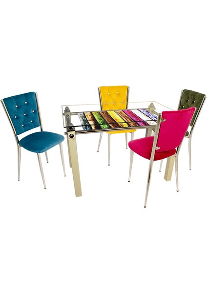 Kapitoneli Cam Mutfak Masa Takımı (Kumaş) - Gökkuşağı