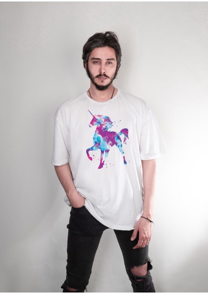 Unicorn At Tasarım Baskılı Oversize Unisex Tişört