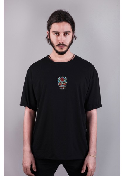 Kurukafa Gül Saykedelik Retro Nakış Dokulu Patch Yama Tasarım Oversize Unisex Tişört