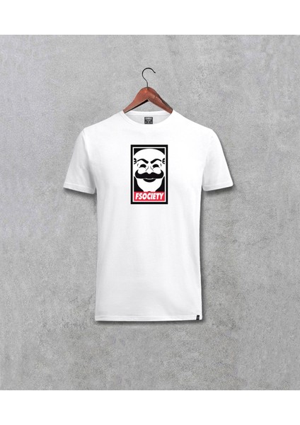 Mr Robot Society Özel Tasarım Baskılı Unisex Beyaz Tişört