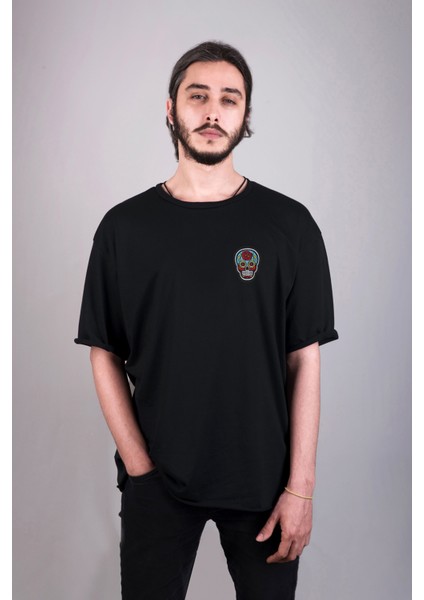 Kurukafa Gül Saykedelik Retro Nakış Dokulu Patch Yama Tasarım Oversize Unisex Tişört