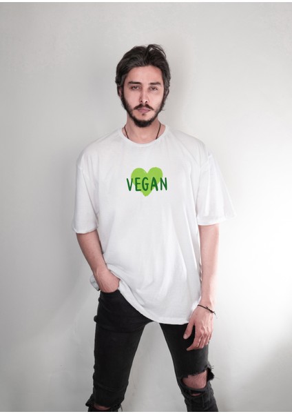 Vegan Vejetaryen Kalp Minimal Tasarım Baskılı Oversize Unisex Tişört