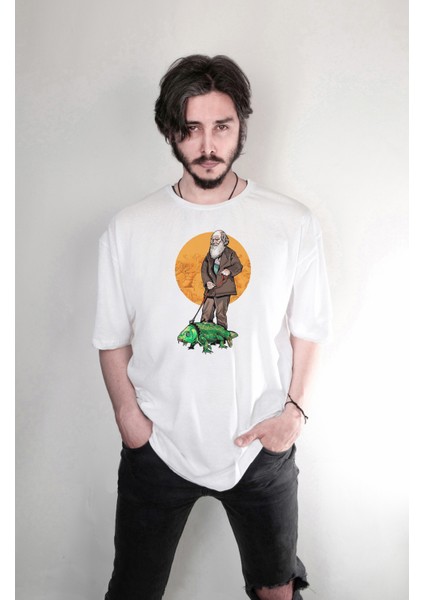 Charles Darwin Evrim Baskılı Özel Tasarım Oversize Unisex Tişört