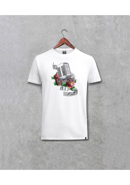 Müzik Tasarım Mikrofon Baskılı Unisex Beyaz Tişört