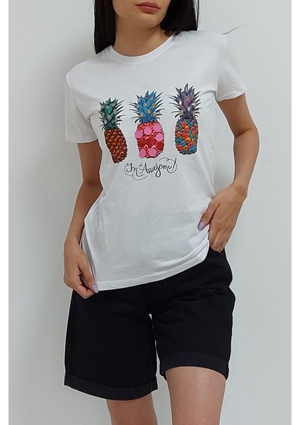 Ananas Baskılı Tişört Beyaz fiyatları