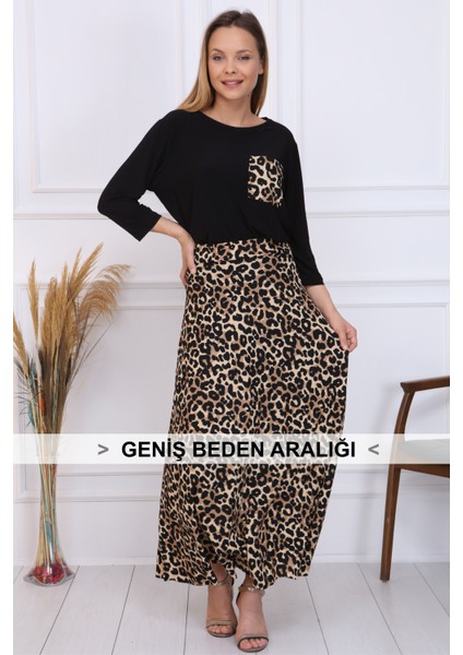 Leopar Daire Uzun Etek Beli Lastikli Kahverengi G029