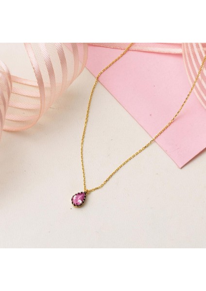 Pembe Damla Taşlı 14 Ayar Altın Kolye modelleri
