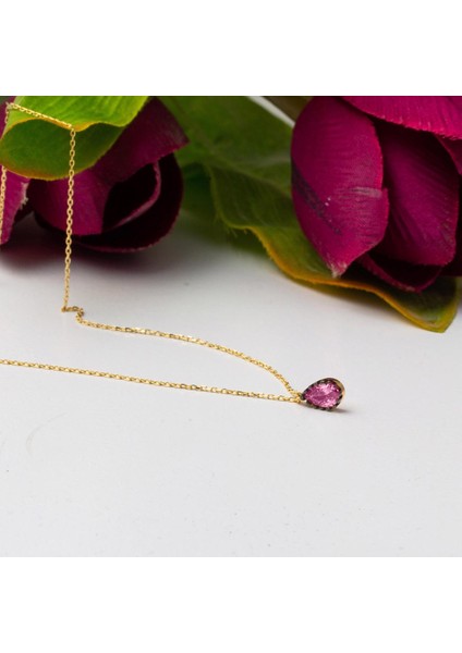 Pembe Damla Taşlı 14 Ayar Altın Kolye indirimleri