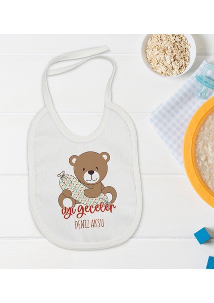 Kids Kişiye Özel Sevimli Ayı Tasarımlı Bebek Mama Önlüğü - Model 1