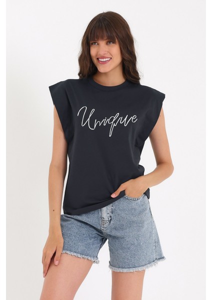 Nakışlı Kolsuz Basic Örme T-Shirt AD-Y38648WYZ